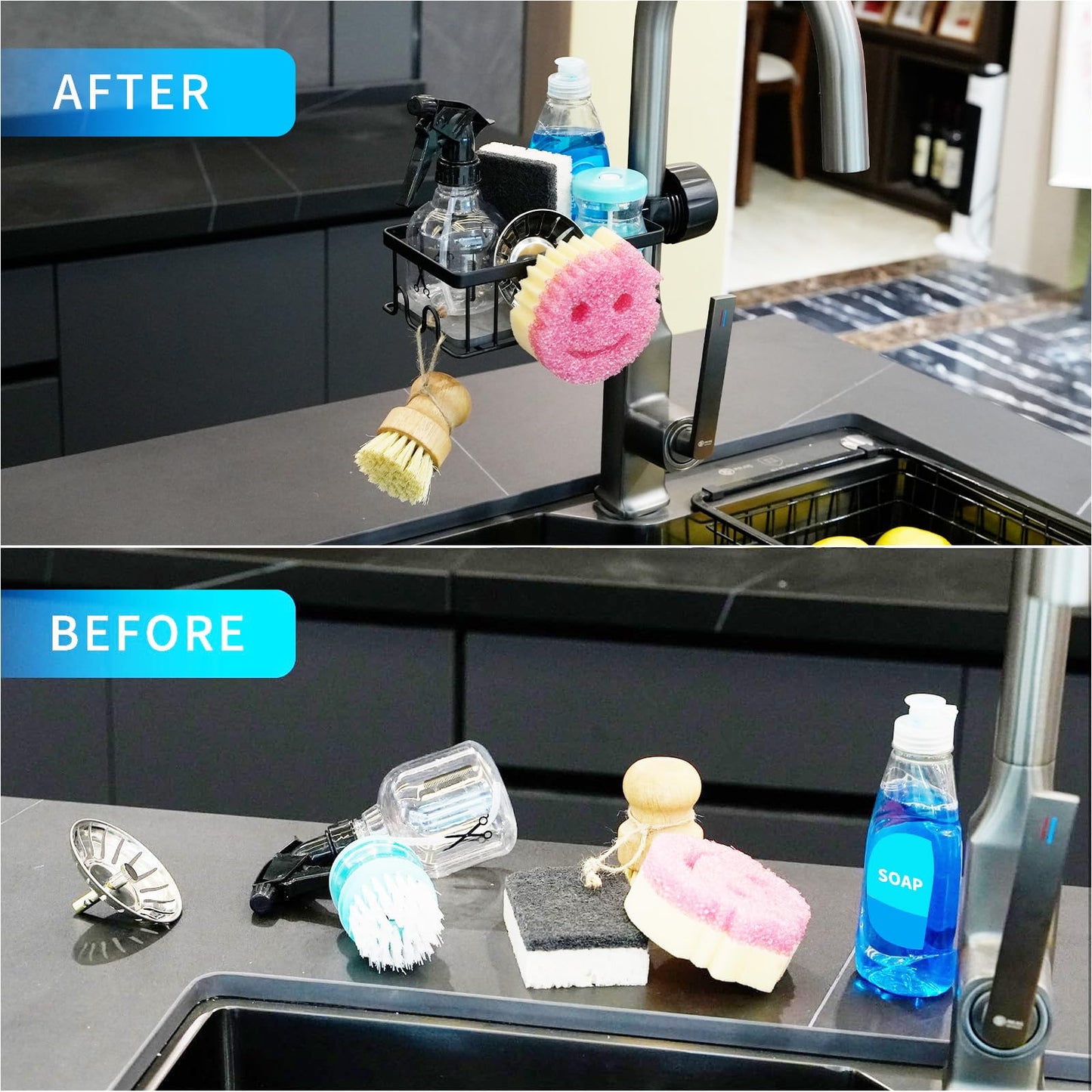 Seltomer Sponge Holder for Kitchen Sink Smiley Face Sponge Holder Over Faucet - Stainless Steel Sink Caddy Organizer with Quick Stone Drying Mat (Black)