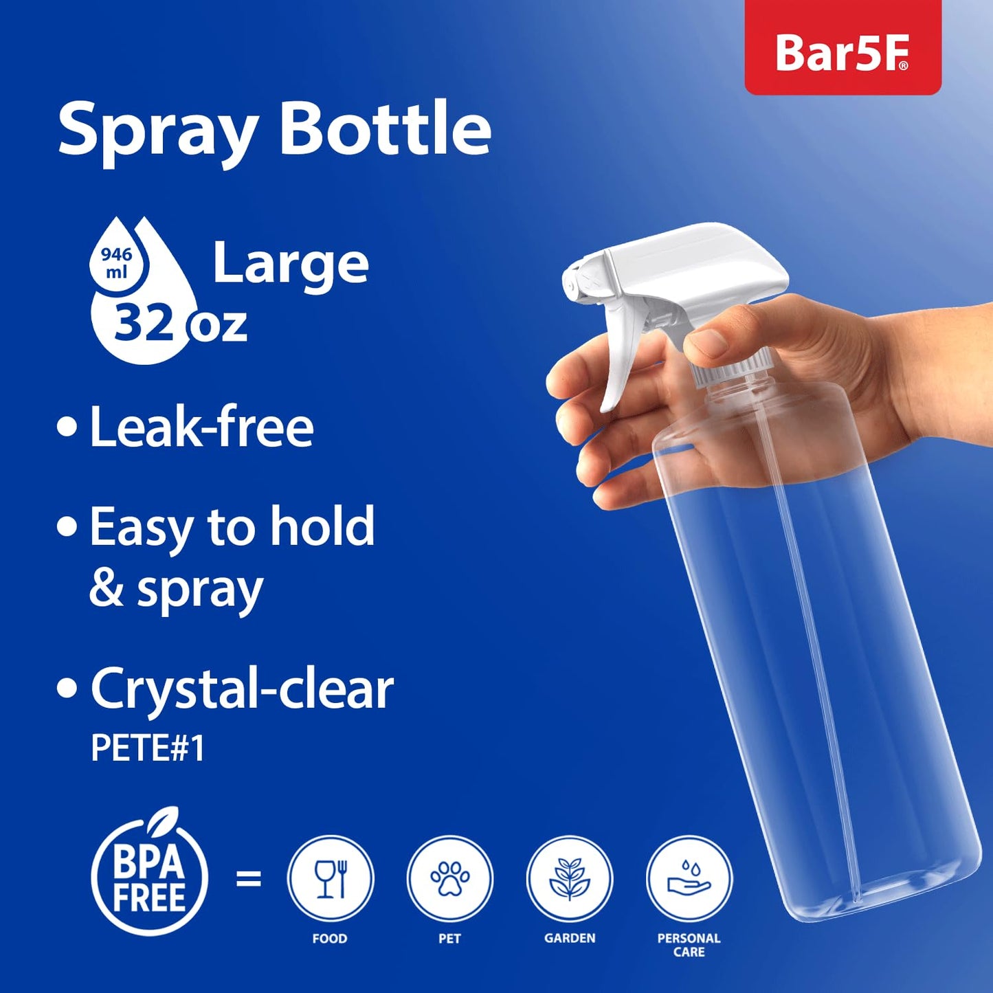Bar5F Plastic Spray Bottles with Mixor Trigger, 32 oz | Professional, Leak Proof, Empty, Adjustable Fine to Powerful Sprayer, Refillable | Water Plants, Cleaning Solutions | Crystal Clear | Pack of 2