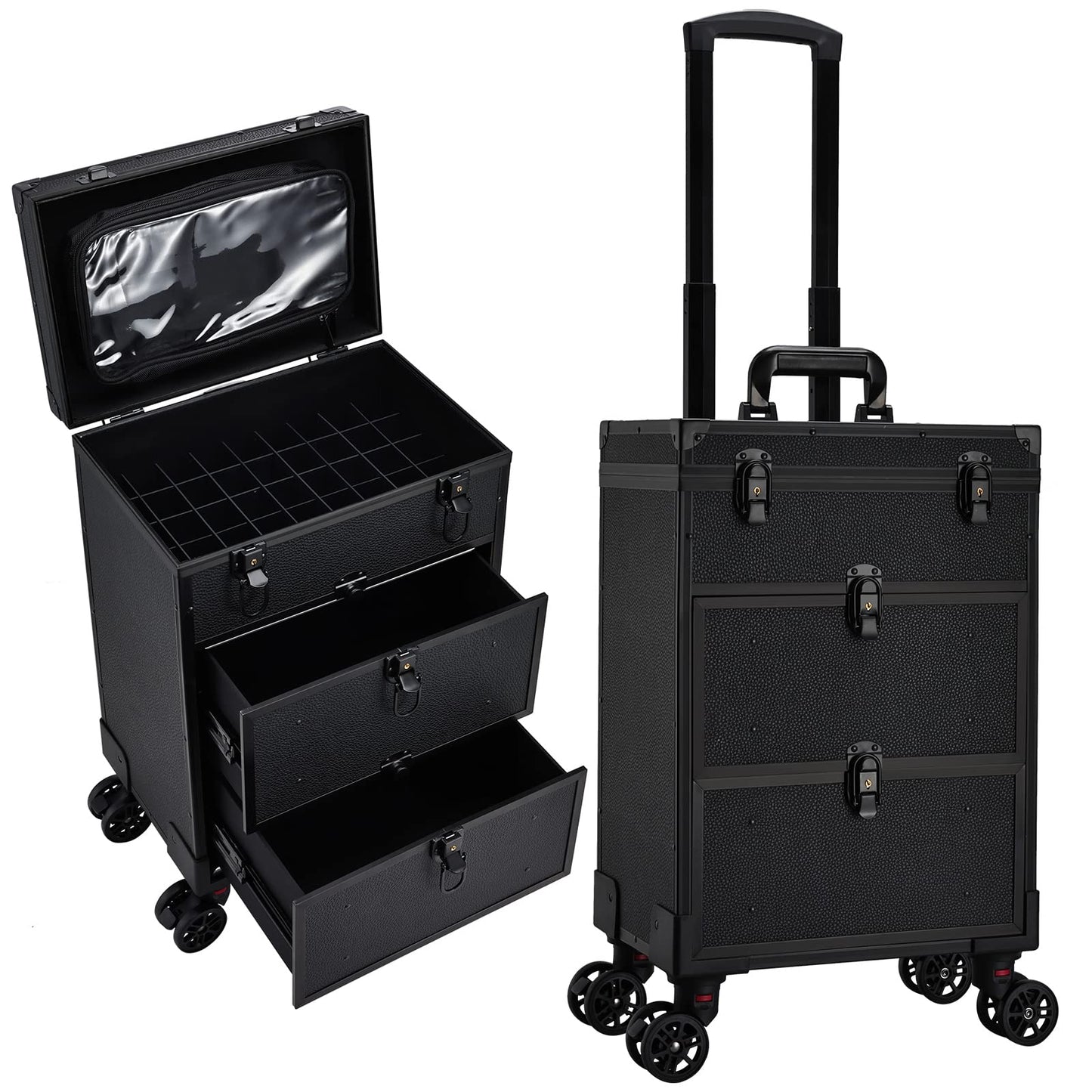 Faquenc Rolling Makeup Train Case with 2 Extra Large Drawers Nail Organizer Case with Wheels Traveling Cosmetology Case with Makeup Pouch for Mobile Stylist Artists Nail Salon Cart Trunk Black