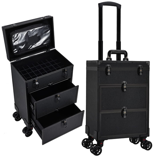 Faquenc Rolling Makeup Train Case with 2 Extra Large Drawers Nail Organizer Case with Wheels Traveling Cosmetology Case with Makeup Pouch for Mobile Stylist Artists Nail Salon Cart Trunk Black