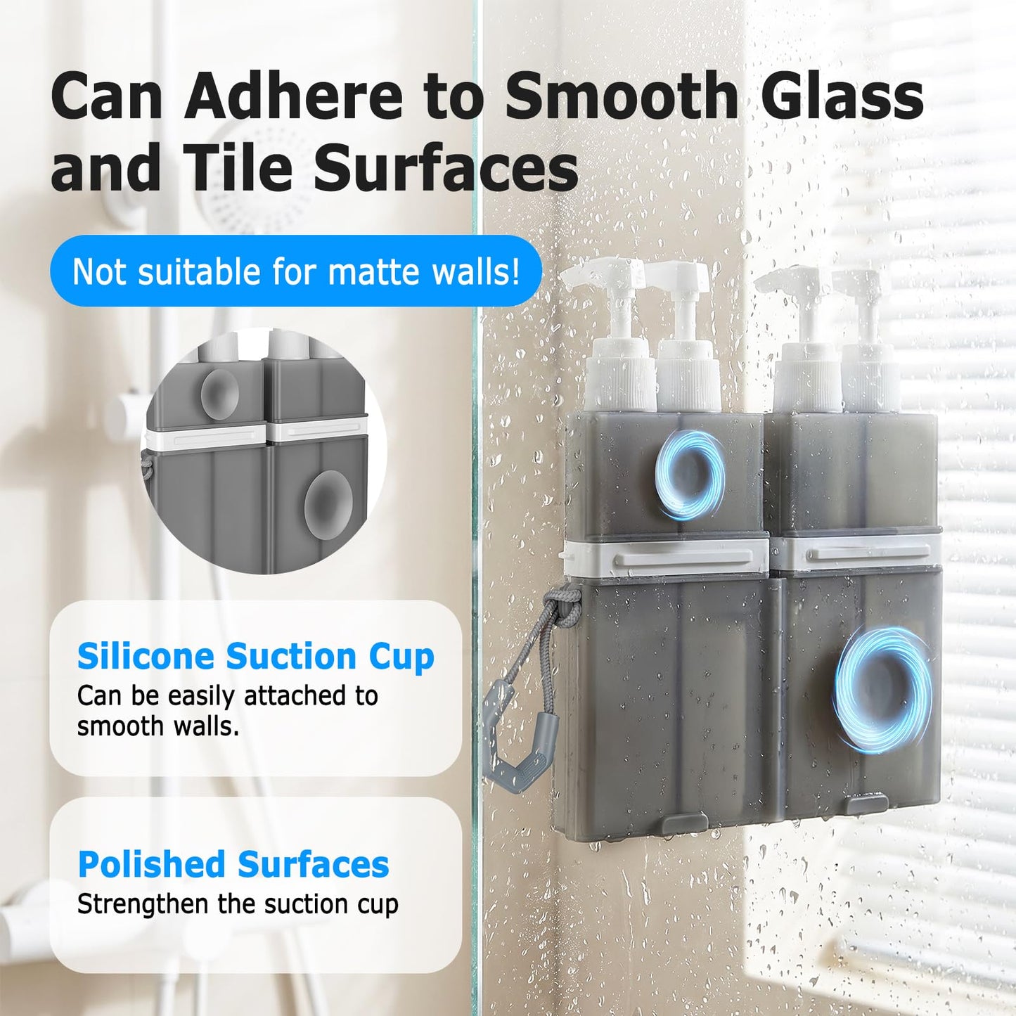 Kkluno 4 in 1 Travel Dispenser Bottles, TSA Approved Leak Proof Refillable Toiletry Containers with Vacuum Suction Cup for Smooth Walls, Portable Empty Bottle Set for Shampoo Conditioner Body Wash