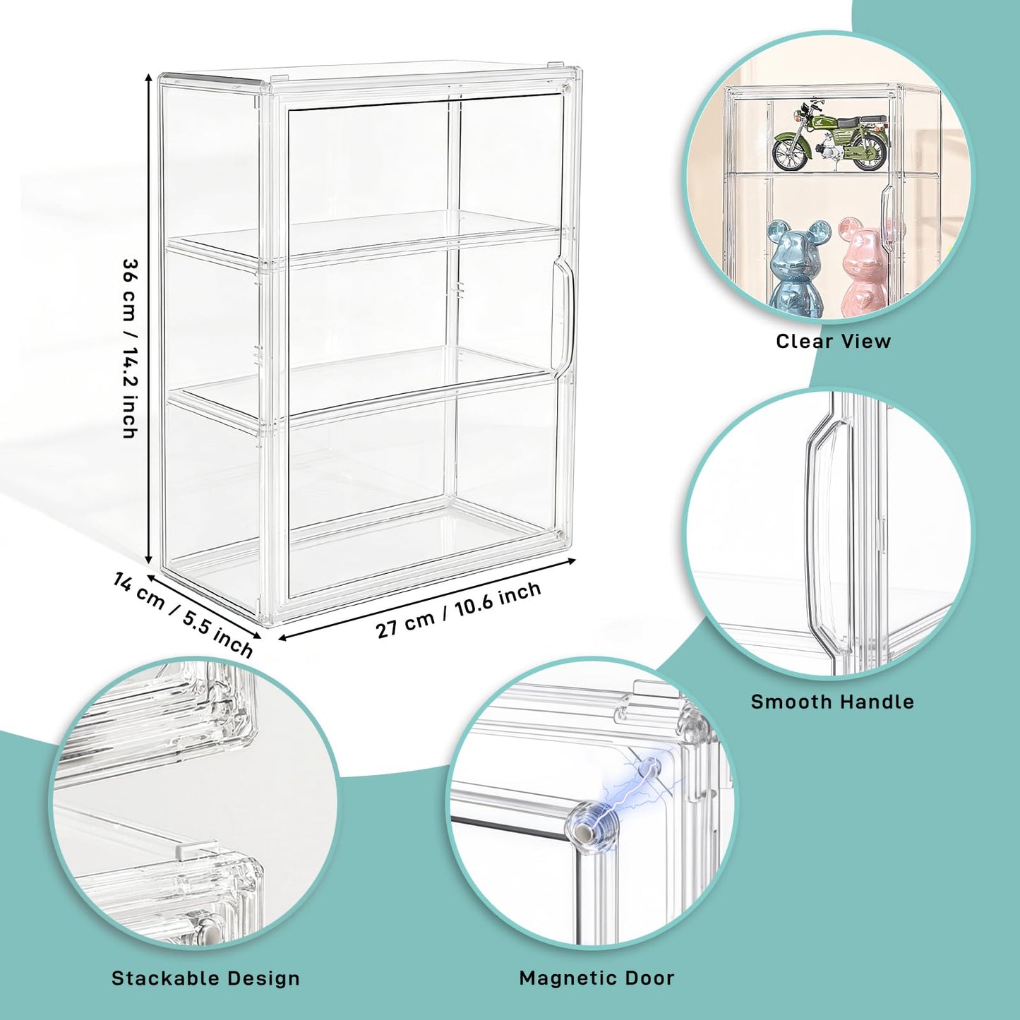 3 Tier Acrylic Display Case for Figures, Stackable Clear Storage Organizer Box with Magnetic Door & Adjustable Shelves for Collectibles, Action Figures & Miniatures, Wall-Mounted or Desktop Showcase