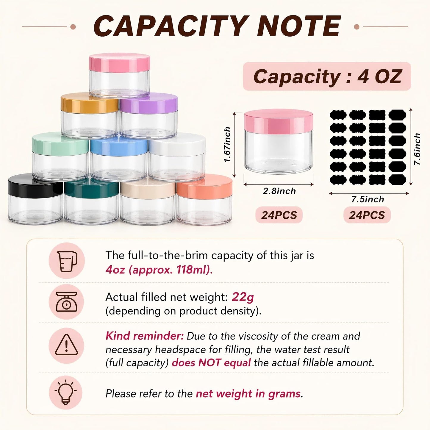 Dandat 24 Pcs 4 oz Plastic Jar Container with Lid and Label Refillable Empty Round Clear with Gold PET Cosmetic Sample Slime Containers for Lotion, Cream, Ointments, Body Butter, Makeup Travel Storage