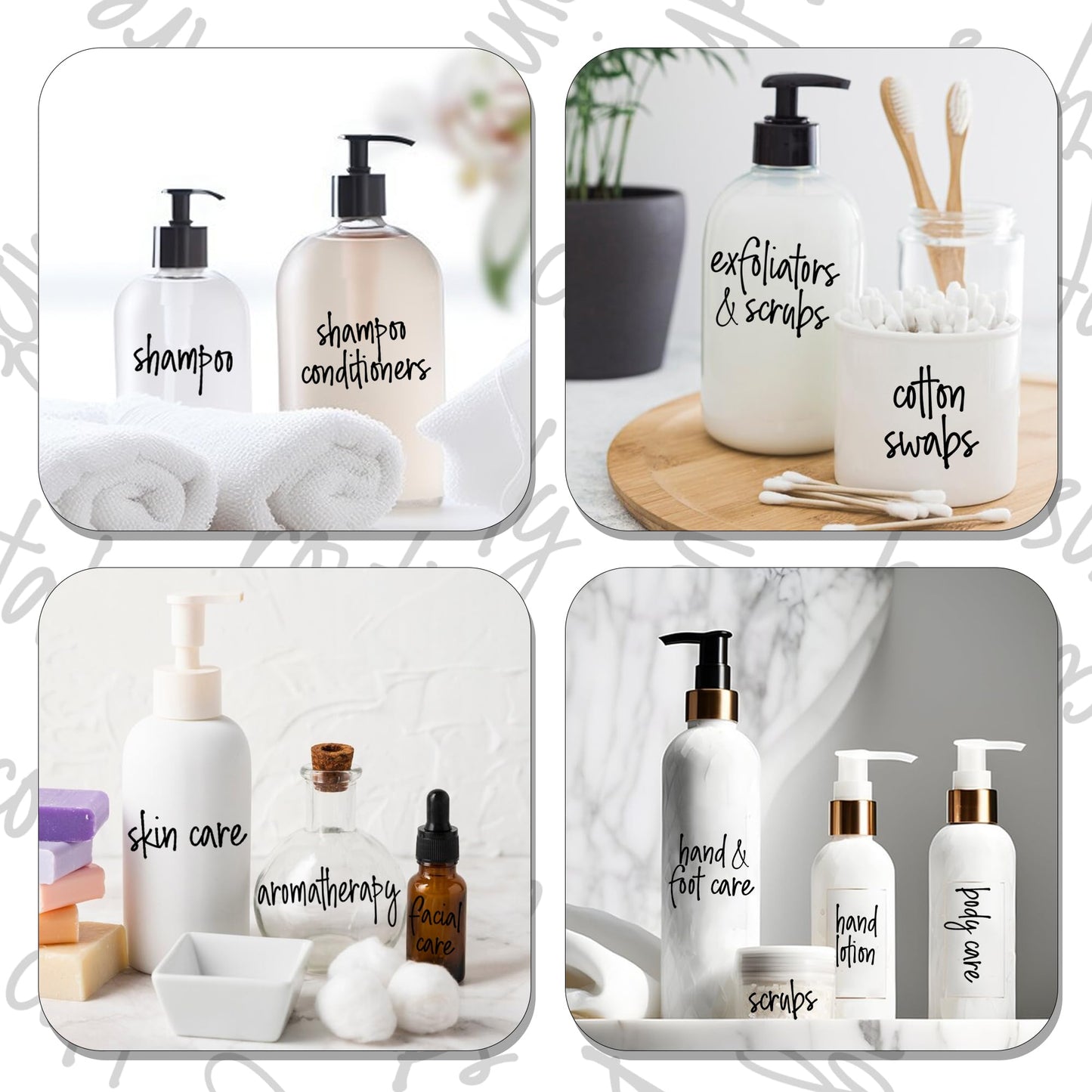 Fssqii 189 Preprinted Bathroom Labels, Waterproof Organizational Labels Stickers for Shampoo Hand Soap Makeup Bottles Storage Containers, Home/Hotel Black Script Clear Labels Set