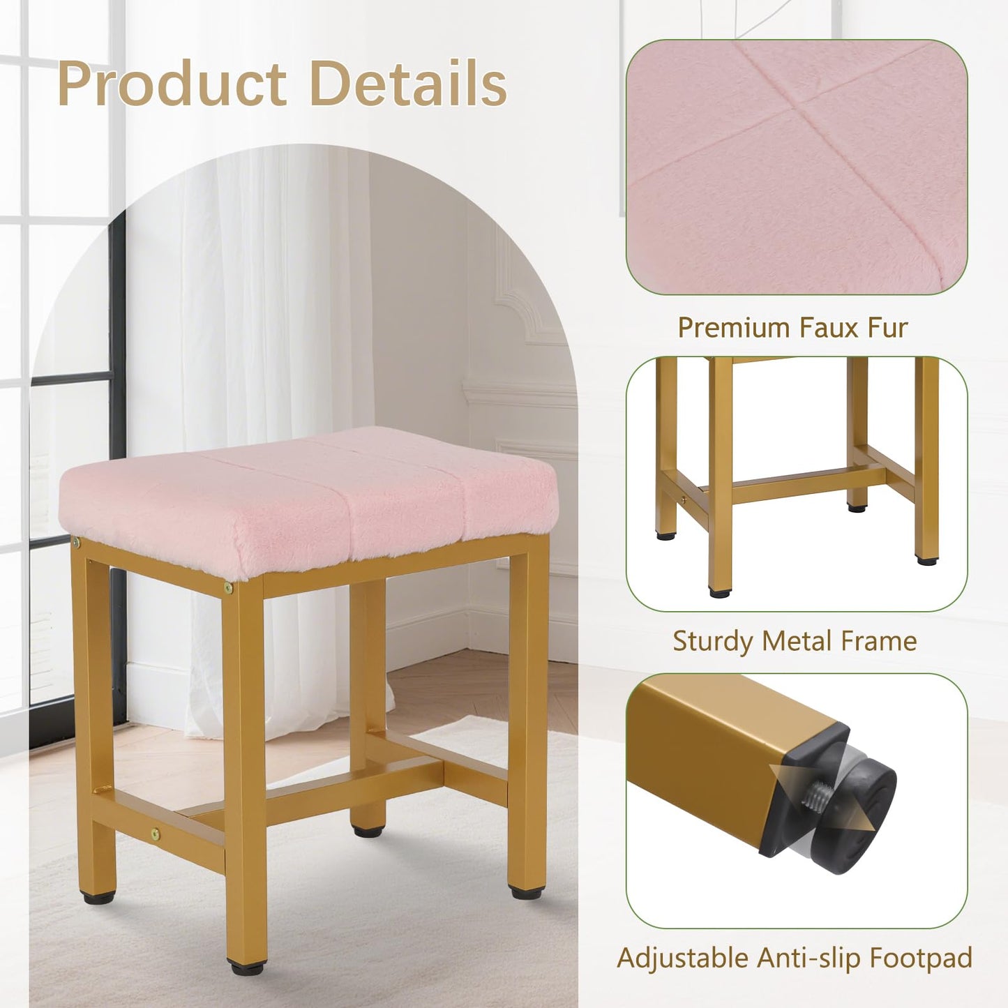FLYZC Vanity Stool Chair, Square Faux Fur Makeup Chair with Metal Legs, Cute Small Ottoman Vanity Bench, Foot Stool Chair for Vanity for Bedroom, Living Room, Bathroom, Pink & Gold