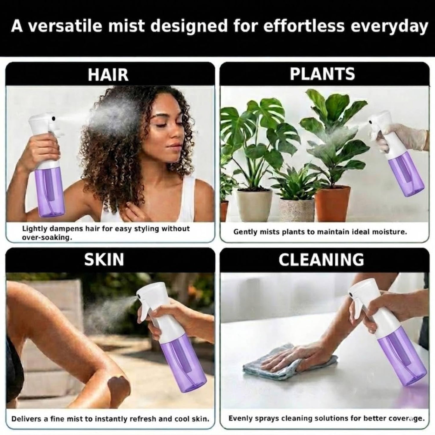 VIGOR PATH Continuous Fine Mist Spray Bottle – 6.7oz/200ml Refillable Water Mister for Hair, Cleaning, Plants & Beauty (Variety Pack)