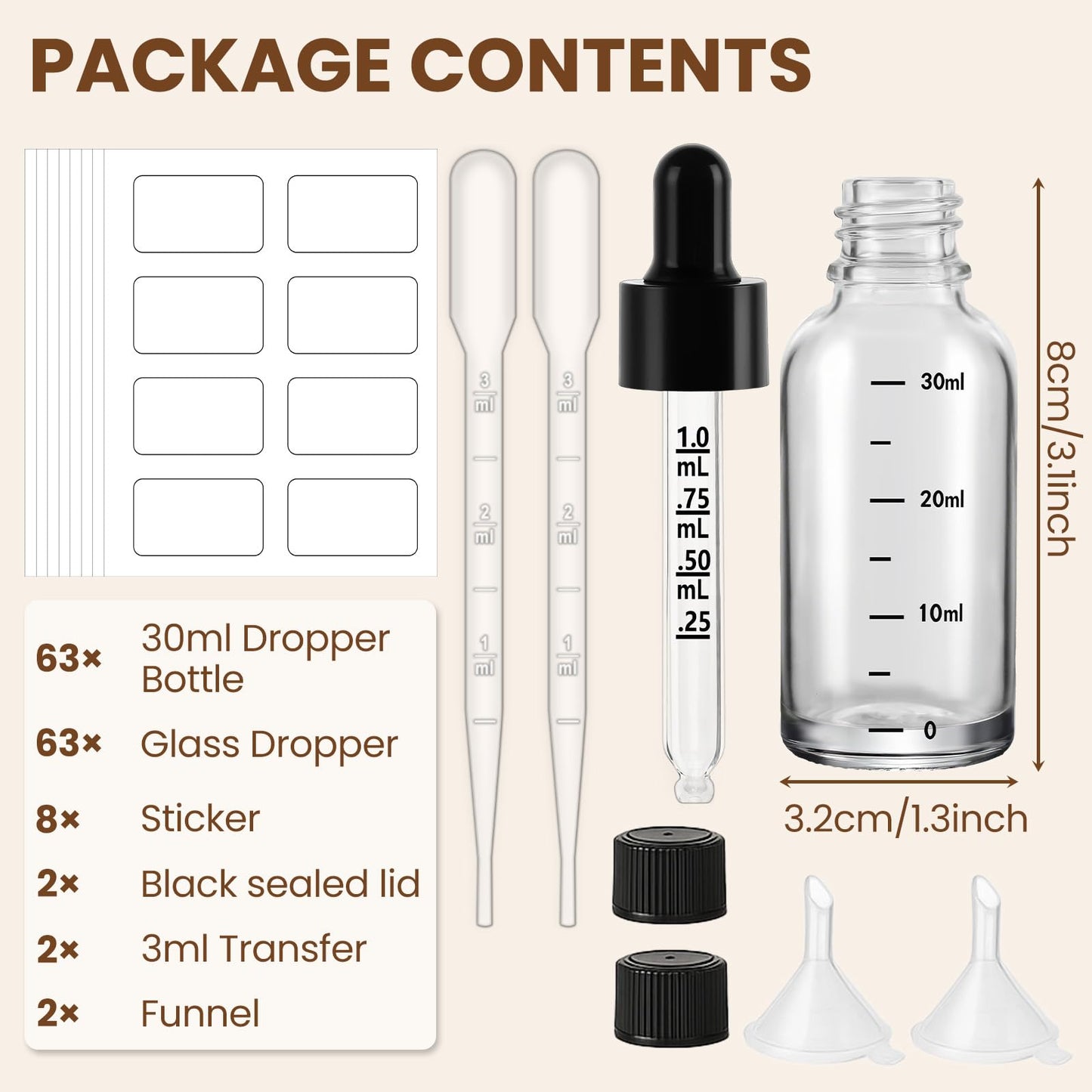 UPBUD 63 Pcs 1oz Clear Glass Dropper Bottles with Measurement, 30ml Leakproof Tincture Bottles with Funnels, Eye Droppers, Extra Caps & Labels, Refillable Empty Bottle for Tinctures, Essential Oils