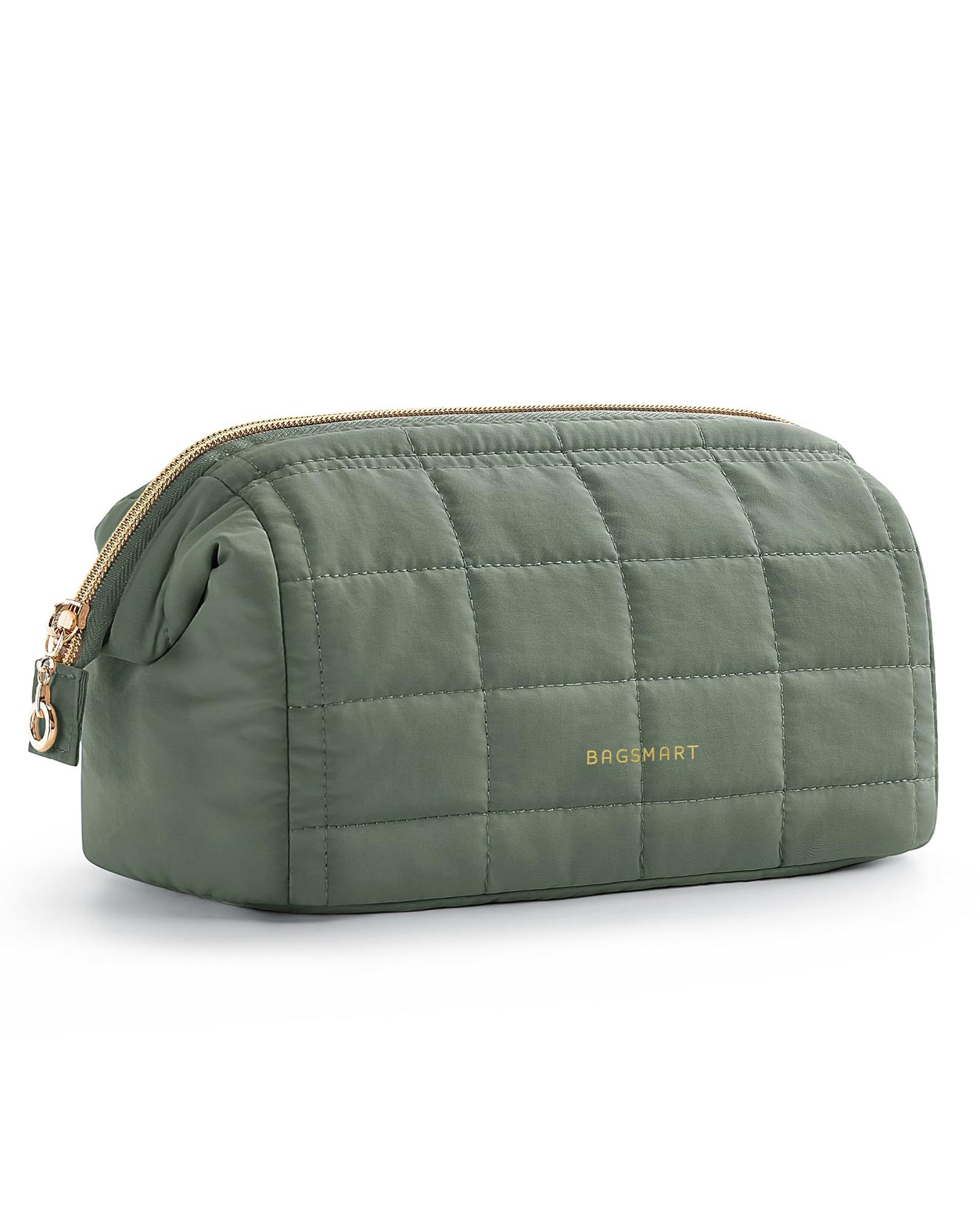 BAGSMART Puffy Padded Travel Makeup Bag, Wide-open Toiletry Bag, Olive Green