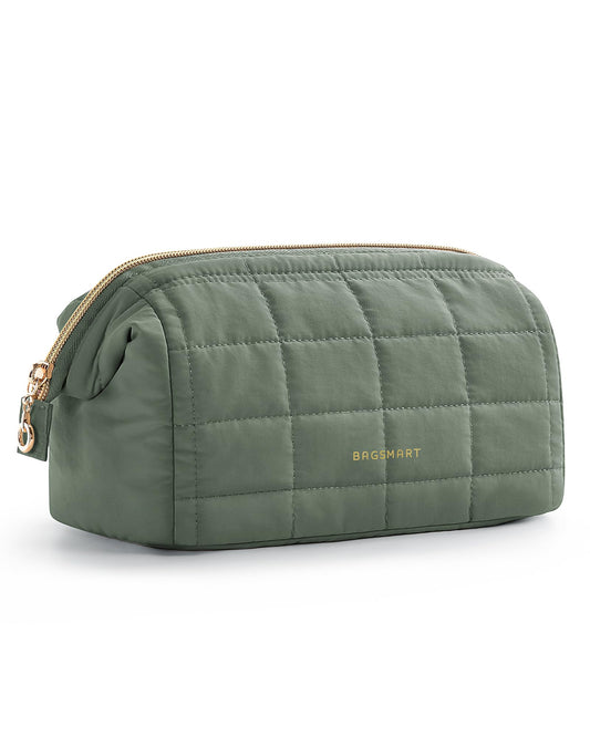 BAGSMART Puffy Padded Travel Makeup Bag, Wide-open Toiletry Bag, Olive Green