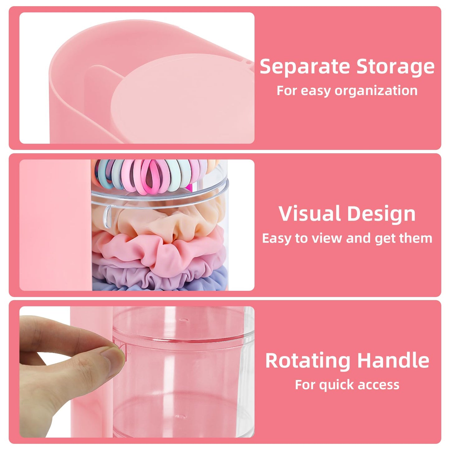 neotidy Hair Accessories Organizer with Hair Brush Holder, Rotating Hair Tie Product Organizer for Girls, 3-Tier Makeup Brush Holder for Clips, Bows & Brushes (Pink, 3-Tier)