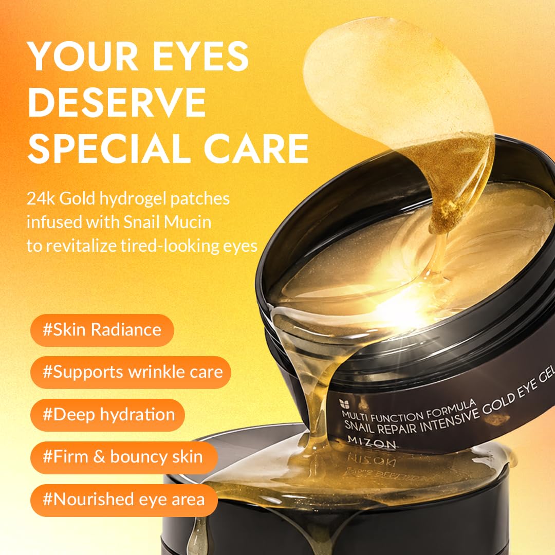MIZON Under Eye Patches for Puffy Eyes & Dark Circles, 24K Gold & Snail Mucin, 60 Pcs – Anti-Wrinkle Collagen & Peptide Formula – Moisturizing Korean Eye Mask for Elasticity