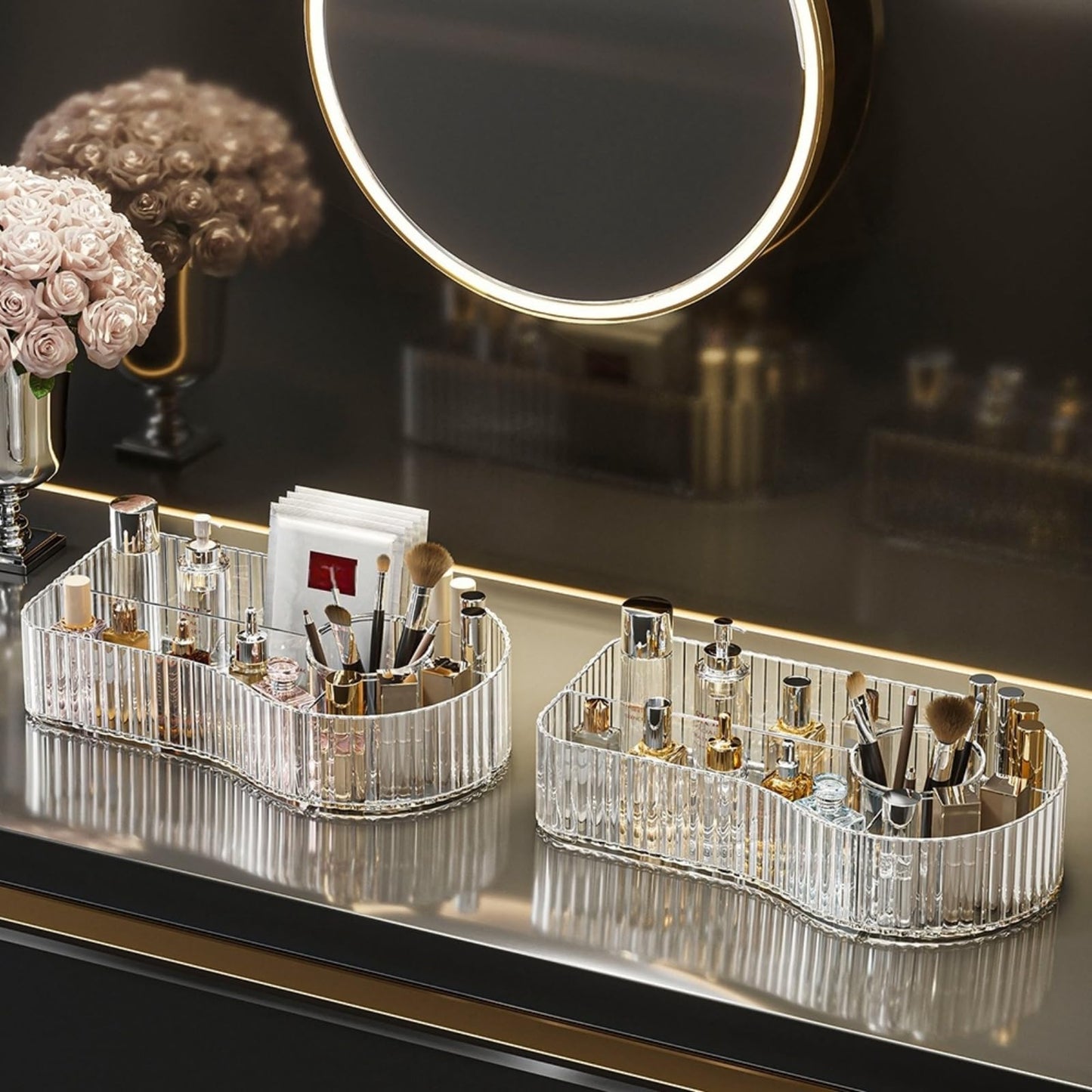 BVGDGSD Clear Makeup Organizer Countertop for Vanity Acrylic Skincare Storage and Make up Organization for Desk Cosmetic Display Case and Makeup Brush Holder for Bedroom,Bathroom,5 Compartments