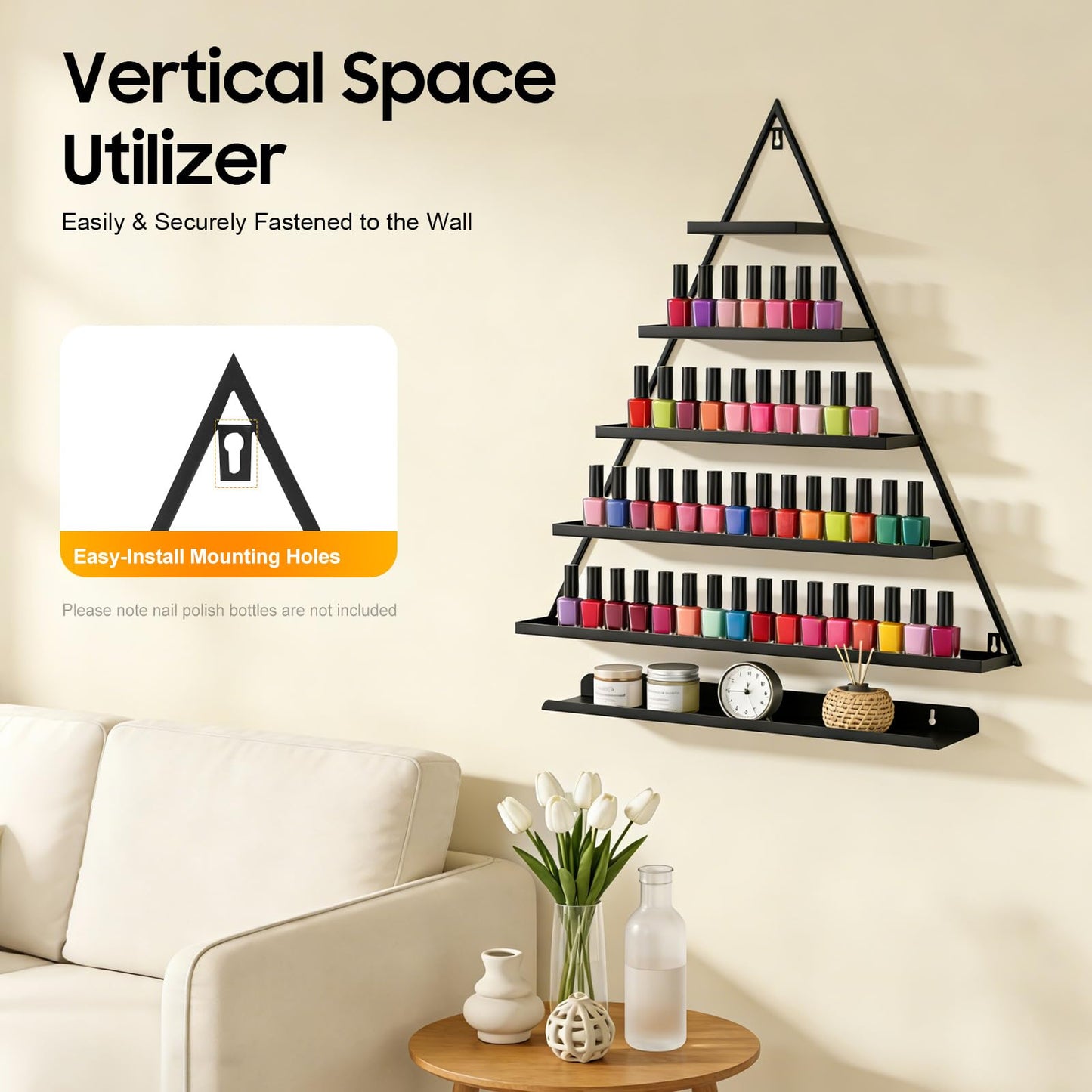 BANEBONE Elegant Gold Wall Mounted Nail Polish Rack - Set of 6 Triangular Cosmetic Display Shelves for Essential Oil Bottles, Organize Your Lipsticks and Perfumes in Style at Home or Salon (Black)