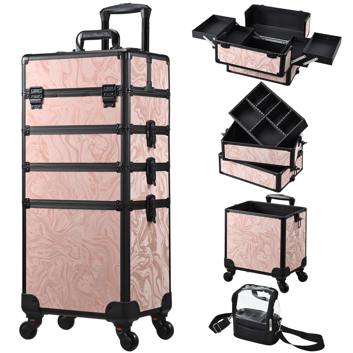Stagiant Rolling Makeup Case 4 in 1 Cosmetology Case on Wheels Makeup Travel Case with Cosmetic Bag Key Swivel Wheels Salon Barber Case Traveling Cart Trunk Cosmetic Trolley Alpine Pink