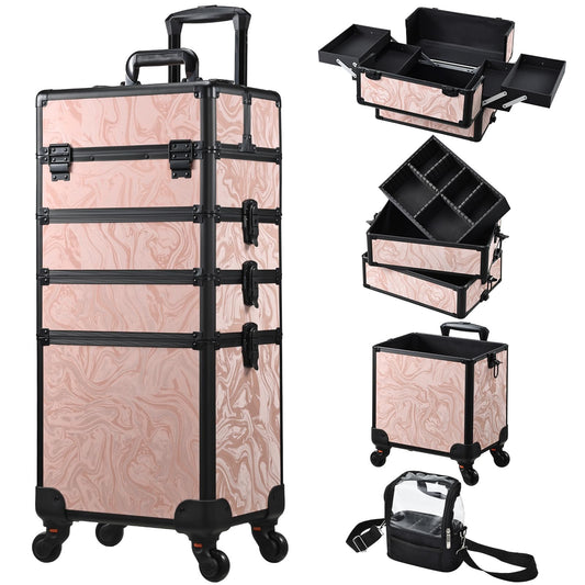Stagiant Rolling Makeup Case 4 in 1 Cosmetology Case on Wheels Makeup Travel Case with Cosmetic Bag Key Swivel Wheels Salon Barber Case Traveling Cart Trunk Cosmetic Trolley Alpine Pink