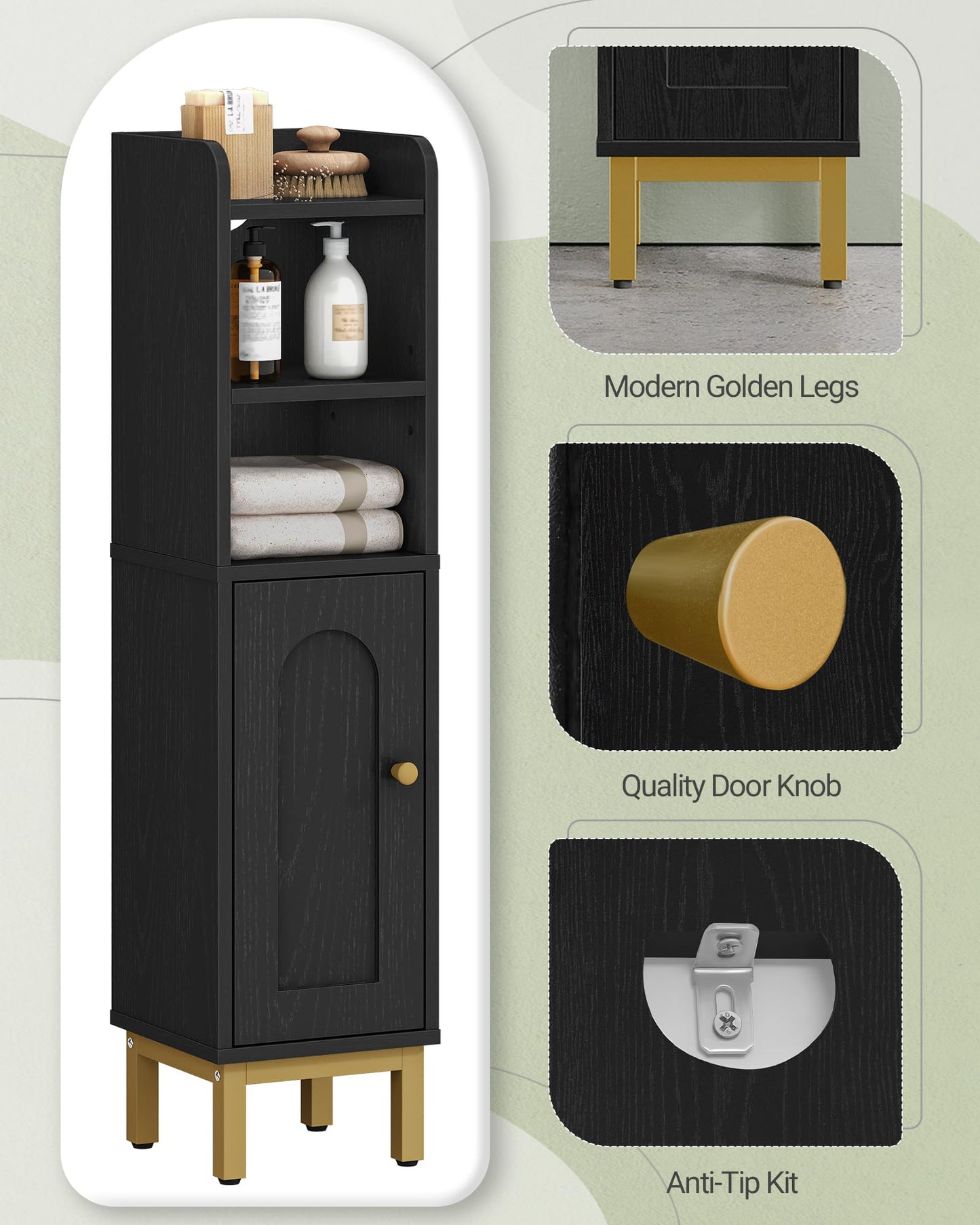 Hzuaneri Bathroom Storage Cabinet, Small Corner Floor Cabinet with Door and Shelves, Narrow Toilet Paper Holder, Bathroom Organizer with Adjustable Shelf, for Small Spaces, Black BC08206X