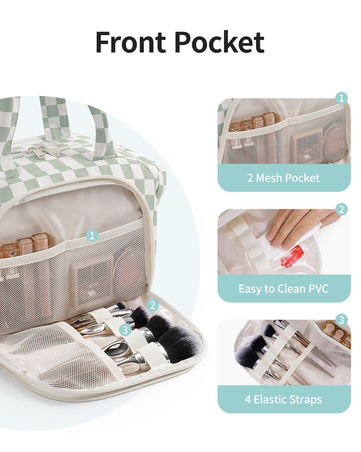 Narwey Travel Toiletry Bag for Women, Checkered Large Makeup Bag, Wide Open Cosmetic Make Up Organizer with Handle, Wet Pocket for Towel, Travel Bag for Toiletries, Brushes, Essentials (Green Checker)