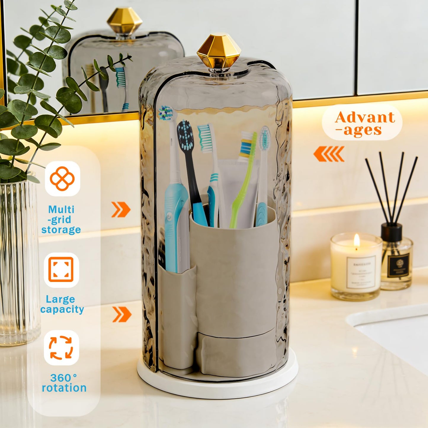 Toothbrush Holder with Cover, Dustproof Toothbrush Holders for Bathroom Organizer Countertop, 360° Rotating Sliding Lid Makeup Brush Holder for Multi-Functional Storage (Translucent Grey)