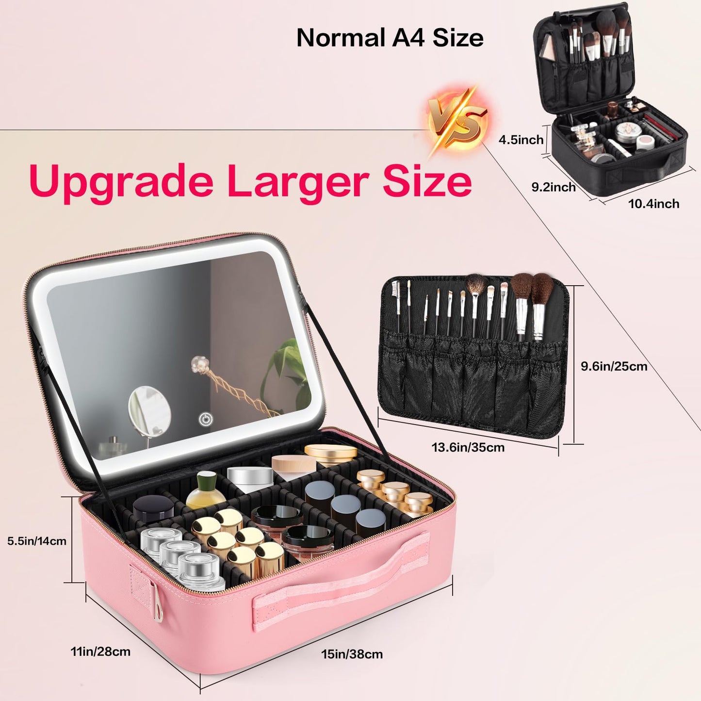 15''X11'' Large Capacity Makeup Bag with LED Mirror, Professional Makeup Case Organizer with 3 Color Light Adjustable Brightness, Travel Make up Cosmetic Case with Detachable Dividers & Shoulder Strap
