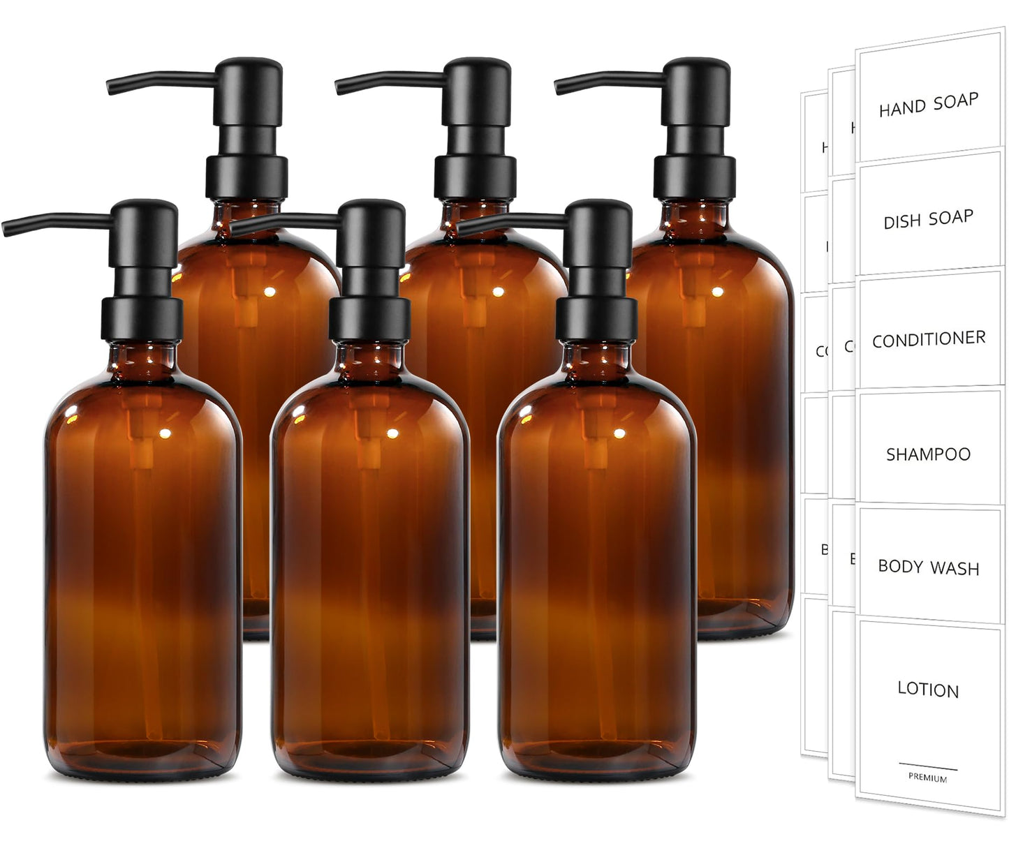 GMISUN Amber Glass Soap Dispenser, 6 Pack Bathroom Hand Soap Dispensers with Stainless Steel Pump, 17 Fl Oz Kitchen Hand and Dish Soap Dispenser Set, Modern Vintage Liquid Brown Soap Dispensers Bottle
