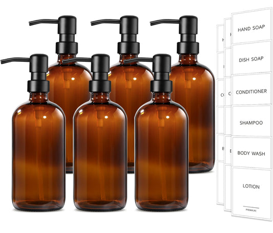 GMISUN Amber Glass Soap Dispenser, 6 Pack Bathroom Hand Soap Dispensers with Stainless Steel Pump, 17 Fl Oz Kitchen Hand and Dish Soap Dispenser Set, Modern Vintage Liquid Brown Soap Dispensers Bottle