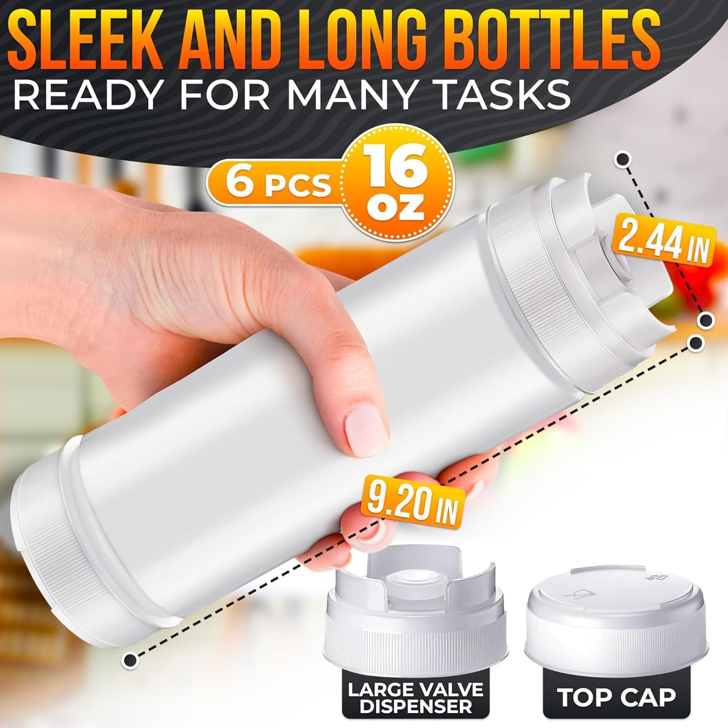 6 Pcs Condiment Squeeze Bottles 16 Oz - 9.2x2.44" Clear Bottles With Self-Closing Valve, Flexible, Easy to Clean and Fill - Dispenser for Sauces and Dressings