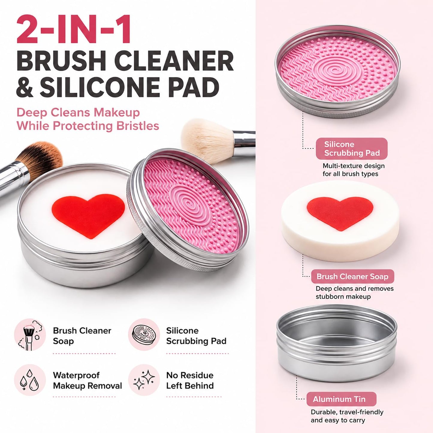 Luslife Makeup Brush Cleaner Soap, with Silicone Pad, 3.53oz(100g), 2-in-1 Solid Cleaner for Synthetic & Natural Brushes & Sponges, Deep Cleans Waterproof Makeup,Cruelty-Free,Heart Shape