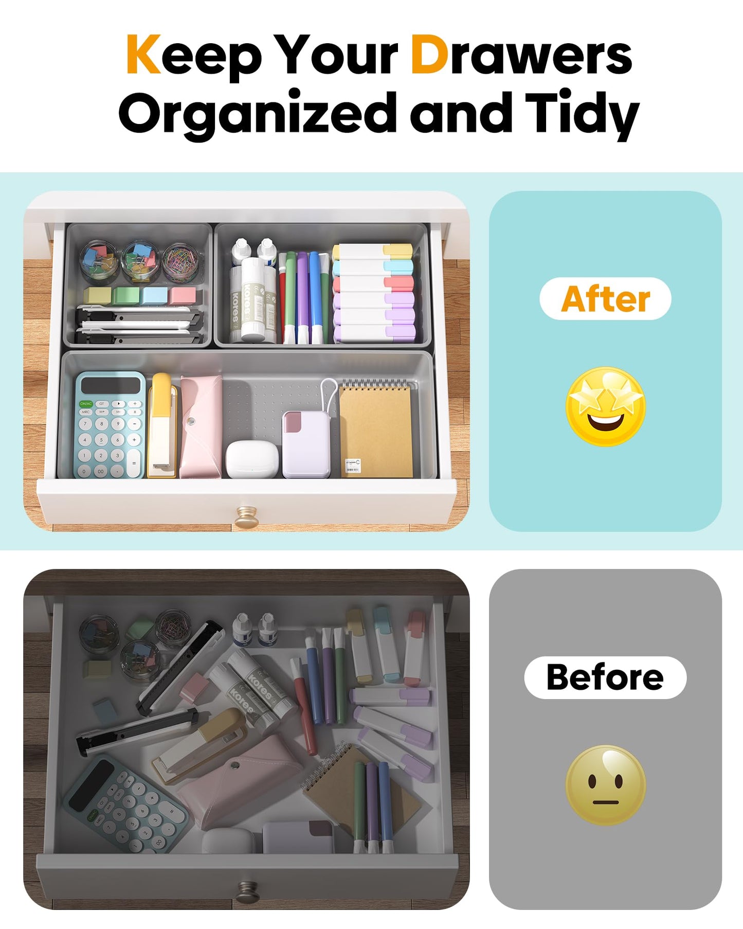 MLIKLU 10 Pack Large Size Plastic Drawer Organizers Set, 3 Sizes Desk Drawer Organizer Trays, Storage Bins for Vanity, Makeup, Bathroom, Kitchen Utensils and Office (Gray)