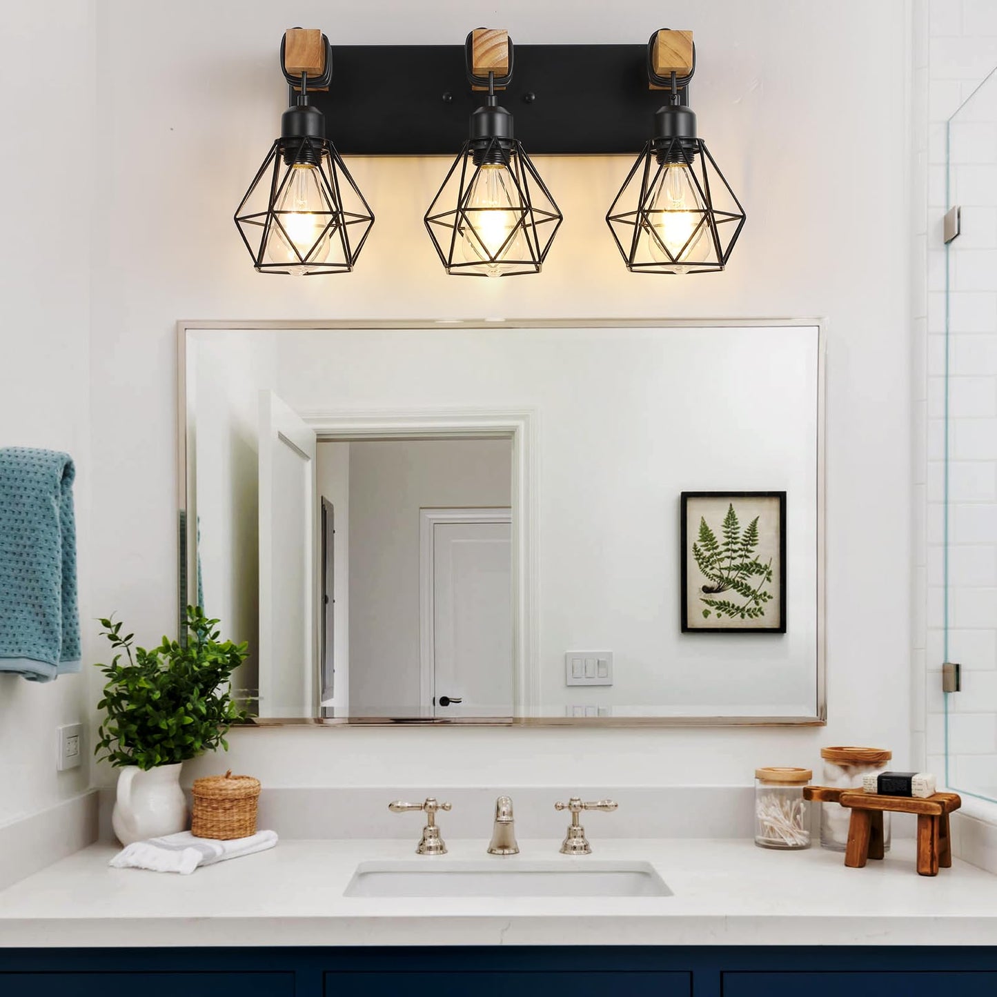 Farmhouse Vanity Light for Bathroom, 3-Light Wood Bathroom Vanity Light Fixtures Over Mirror, Black Rustic Sconces Wall Lighting with Metal Lampshade for Living Room, Bedroom, Hallway