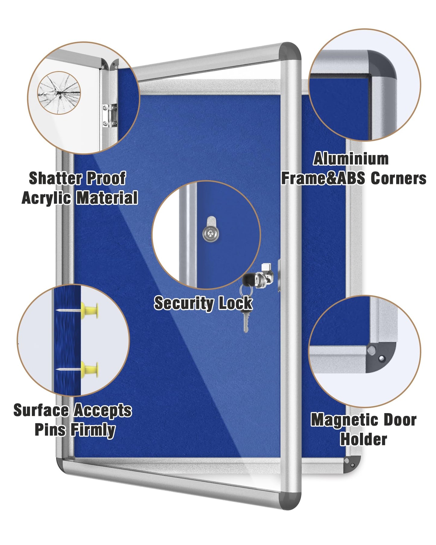 Mifuro 26"x20" Enclosed Bulletin Board, Lockable Weather-Resistant Aluminum Cork Noticeboard for School & Office, Silver Frame w/Blue Flet