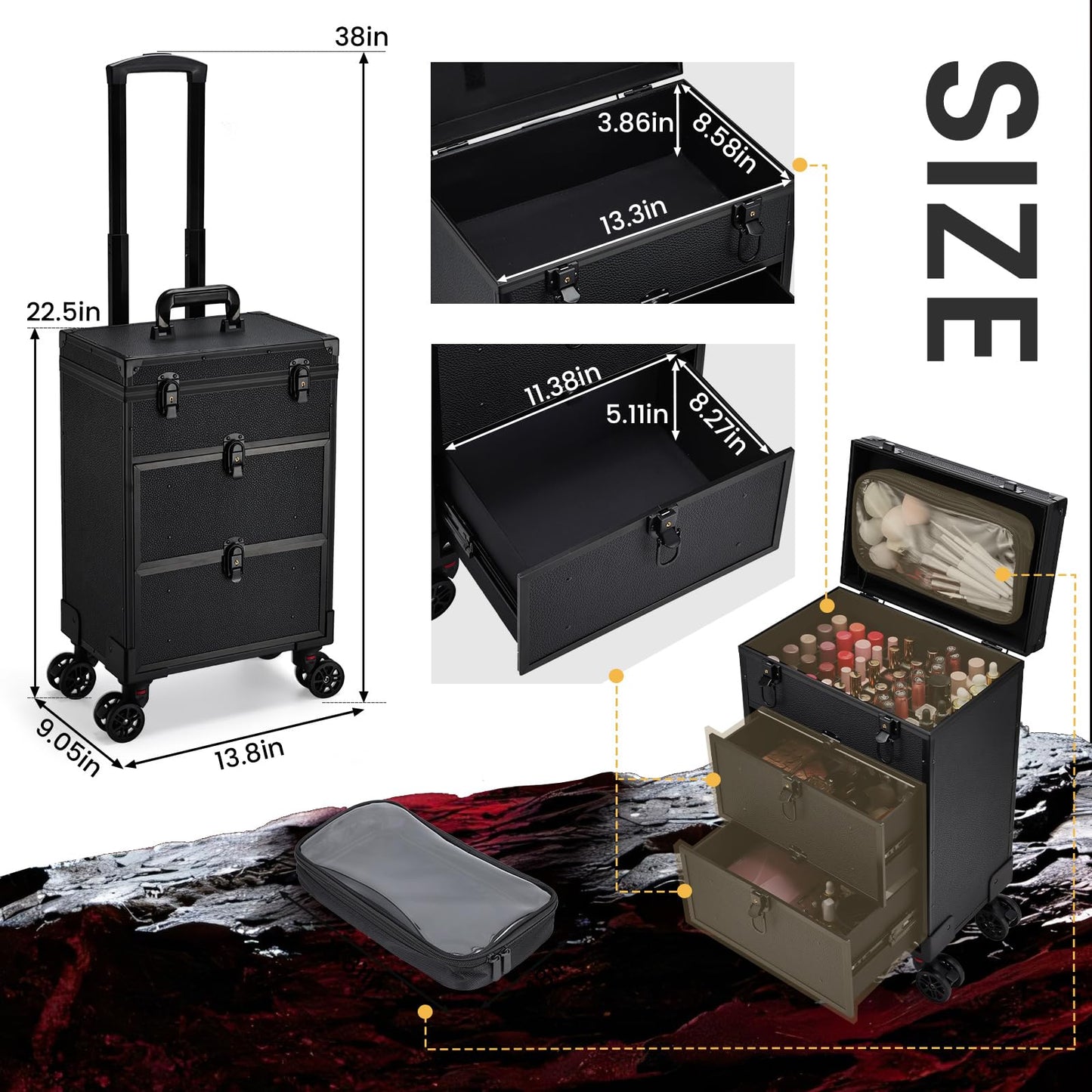 Professional 3 in 1 Rolling Makeup Case Cosmetology Case on Wheels 2 Large Drawer Nail Case Trolley Traveling Cosmetic Train Case with Makeup Pouch for Artists Nail Technician Salon Cart Trunk Black