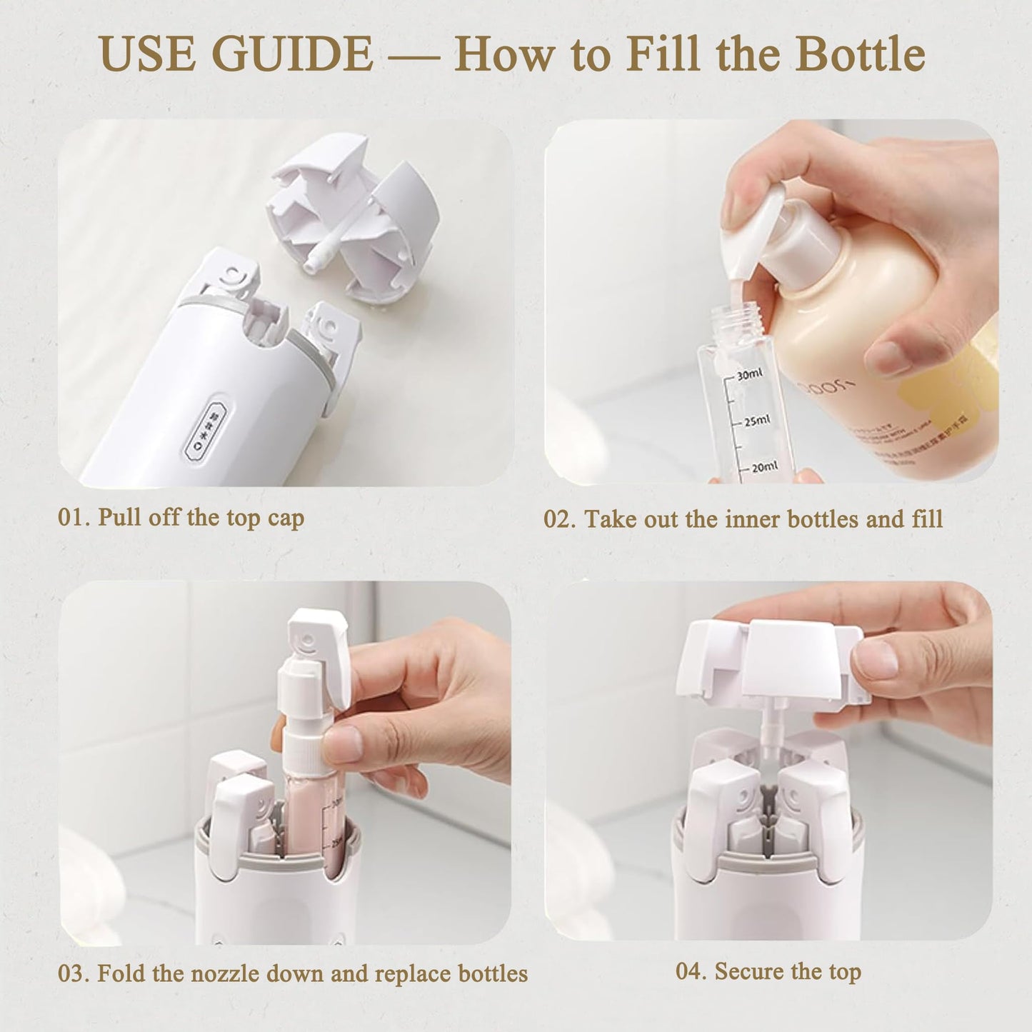 PIQOLA 4 in 1 Travel Dispenser Bottle, Leak Proof Refillable Travel Toiletry Containers for Shampoo Lotion Liquid, TSA Approved Travel Bottles Set for Business Trip Camping, 4 x 30ml, White