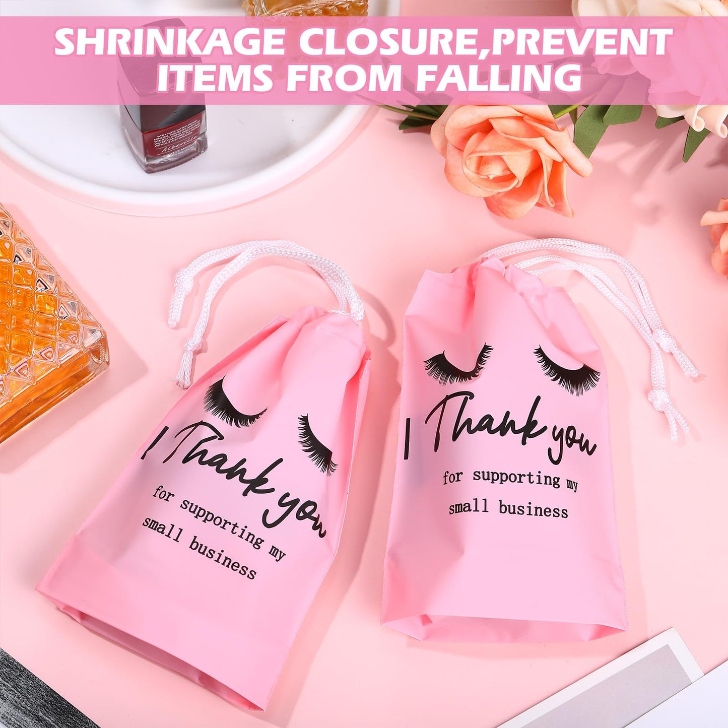 Abbylike 100 Pcs Thank You Bags for Small Business, Eyelash Aftercare Lash Bags Drawstring Makeup Pouch Eye Lash Print Cosmetic Sample Bag for Clients Women, 4x6 in(Pink)