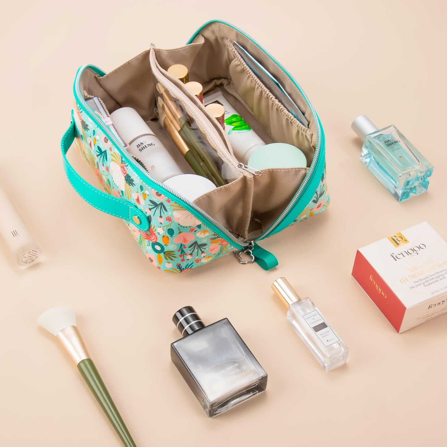 Mrsdry Travel Makeup Bag，Large-capacity waterproof cosmetic bag，Travel bags and toiletries bags for women，PU leather material，Multi-zone and large opening design (Floret)
