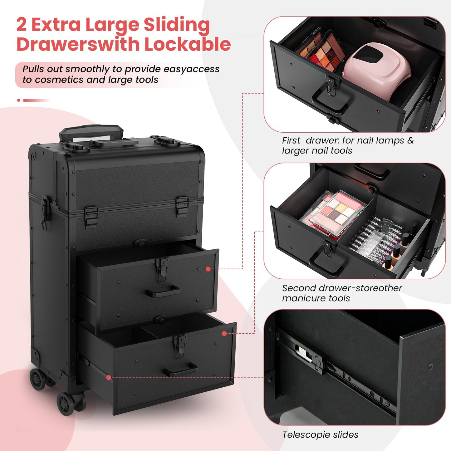 ALUROICE Large Rolling Makeup Train Case, Professional Travel Cosmetology Case on Wheels with Drawers, 3 Tiers Nail Organizers Storage Case for Nail Tech, Tattoo, Hairstylist, Makeup, Extra Large