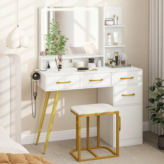 CHARMAID Vanity Desk with LED Mirror and Lights, Charging Station, 4 Drawers, Storage Cabinet & Shelves, Hair Dryer Holder, Modern Makeup Dressing Table with Stool for Bedroom, White & Gold