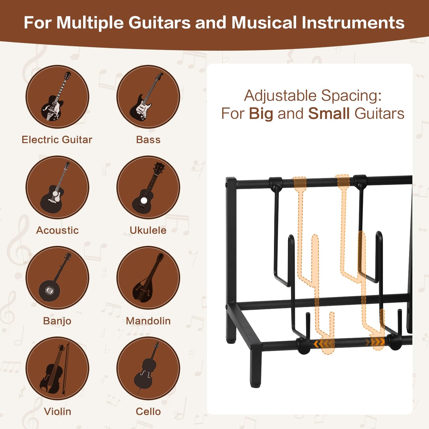 Bikoney Guitar Stand for 4 Guitars - Acoustic, Electric, Bass & Ukulele Floor Rack with 2 Wood Shelves for Amp Holder, Vinyl Records & Media Storage - Adjustable Multi Guitar Display Stand for Music Studio Home (Patent)