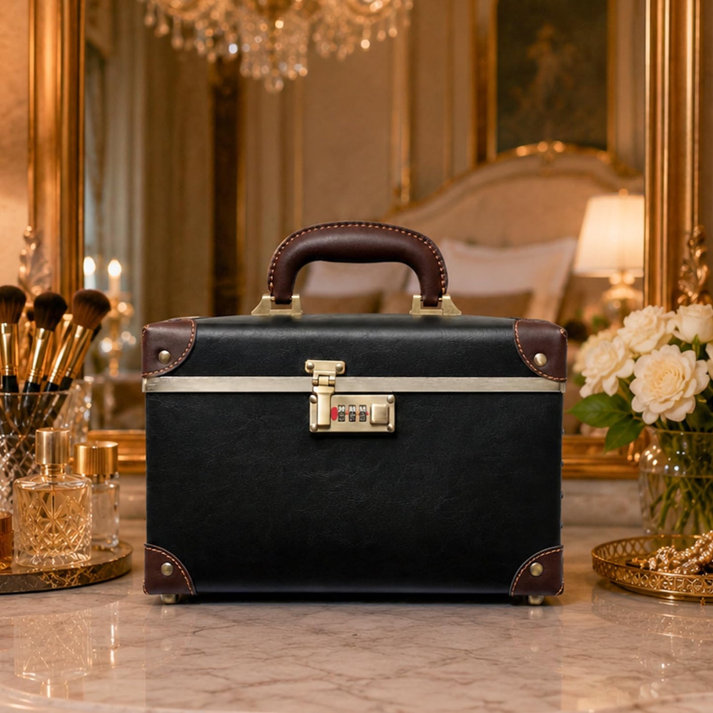 urecity Vintage Artificial Leather Makeup Train Case, Professional Cosmetic Organizer with Metal Combination Lock, Retro Style Storage Box, Black/Brown, Medium (Length: 12.5")