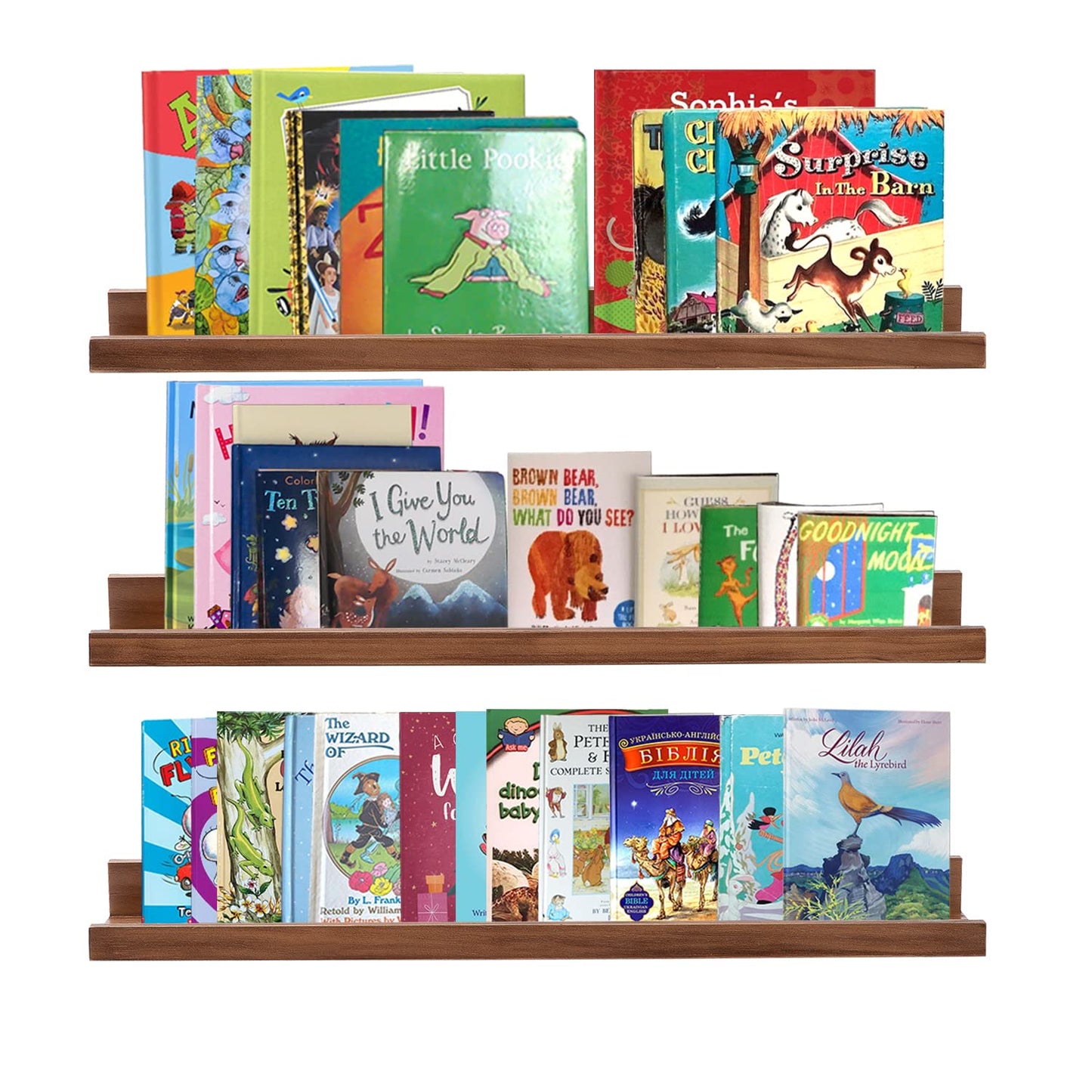 AZSKY Floating Photo Shelves Fair Light Walnut 24 Inch Picture Ledge for Storage Wall Book Shelves Hanging Picture Photo Frame Ledge Shelves with Lip a Set of 3 Same Sizes Kitchen Spice Rack