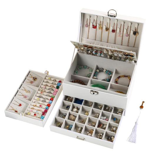 BOOVO Earring Jewelry Box For Women Girl Stud Organizer, 5 Layers Girl Jewelry Organizer Box With Lock Earring Holder Organizer Necklace Ring Jewelry Organizer Box For Girls (White, 5 layer)