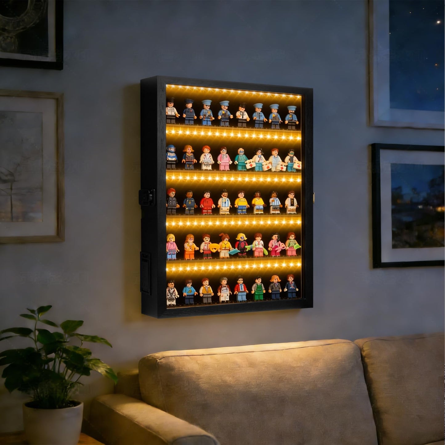 Minifigure Display Case – Black 16″ × 11″ × 2″ Showcase Cabinet with LED‑Lit Shelves, Mini Figurines Display Case with Built‑in Feet, Battery‑Powered, Cord‑Free Collection Display