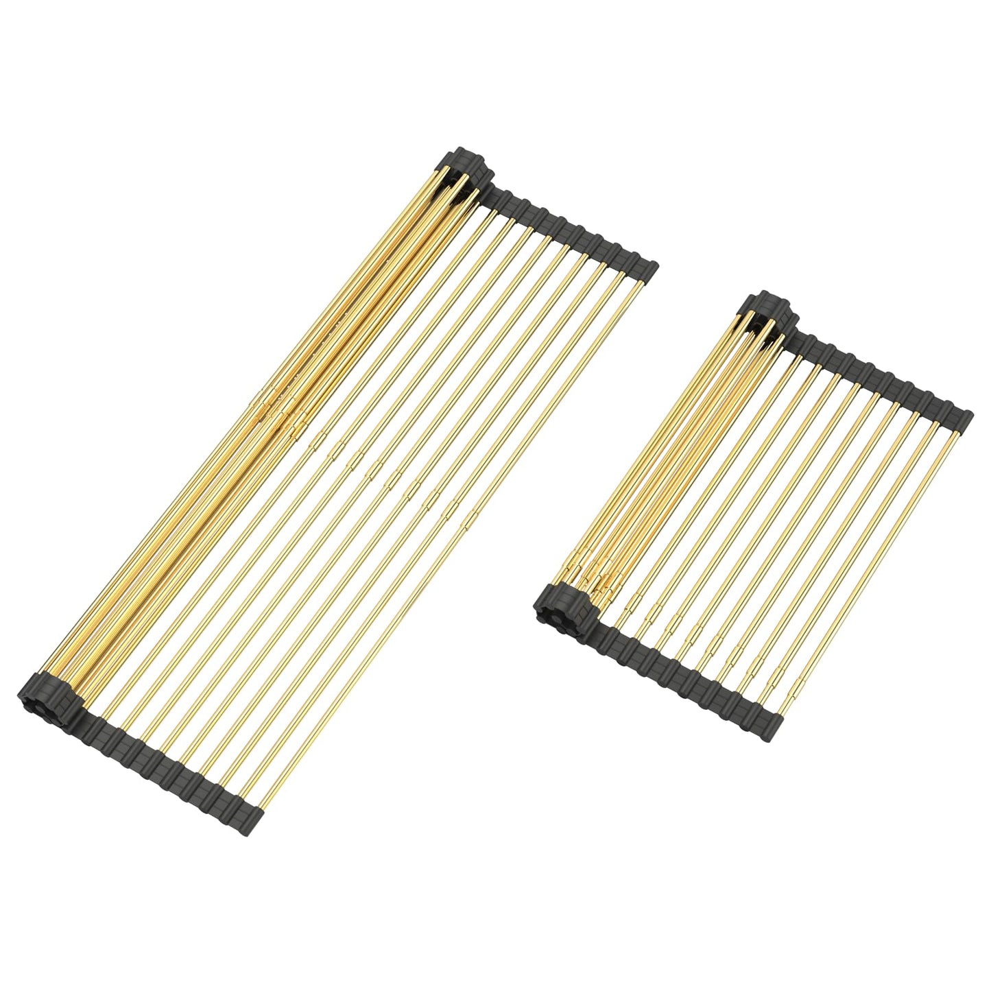 ARAINY Large Telescopic Draining Rack, Gold Roll Up Heat-Resistant Dish Drainer for Stainless Steel Sinks, Non-Slip Silicone Rolling Dish Drainer Roll Rack 18 tube12.59-21.25x12.79''