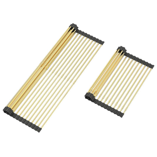 ARAINY Large Telescopic Draining Rack, Gold Roll Up Heat-Resistant Dish Drainer for Stainless Steel Sinks, Non-Slip Silicone Rolling Dish Drainer Roll Rack 18 tube12.59-21.25x12.79''
