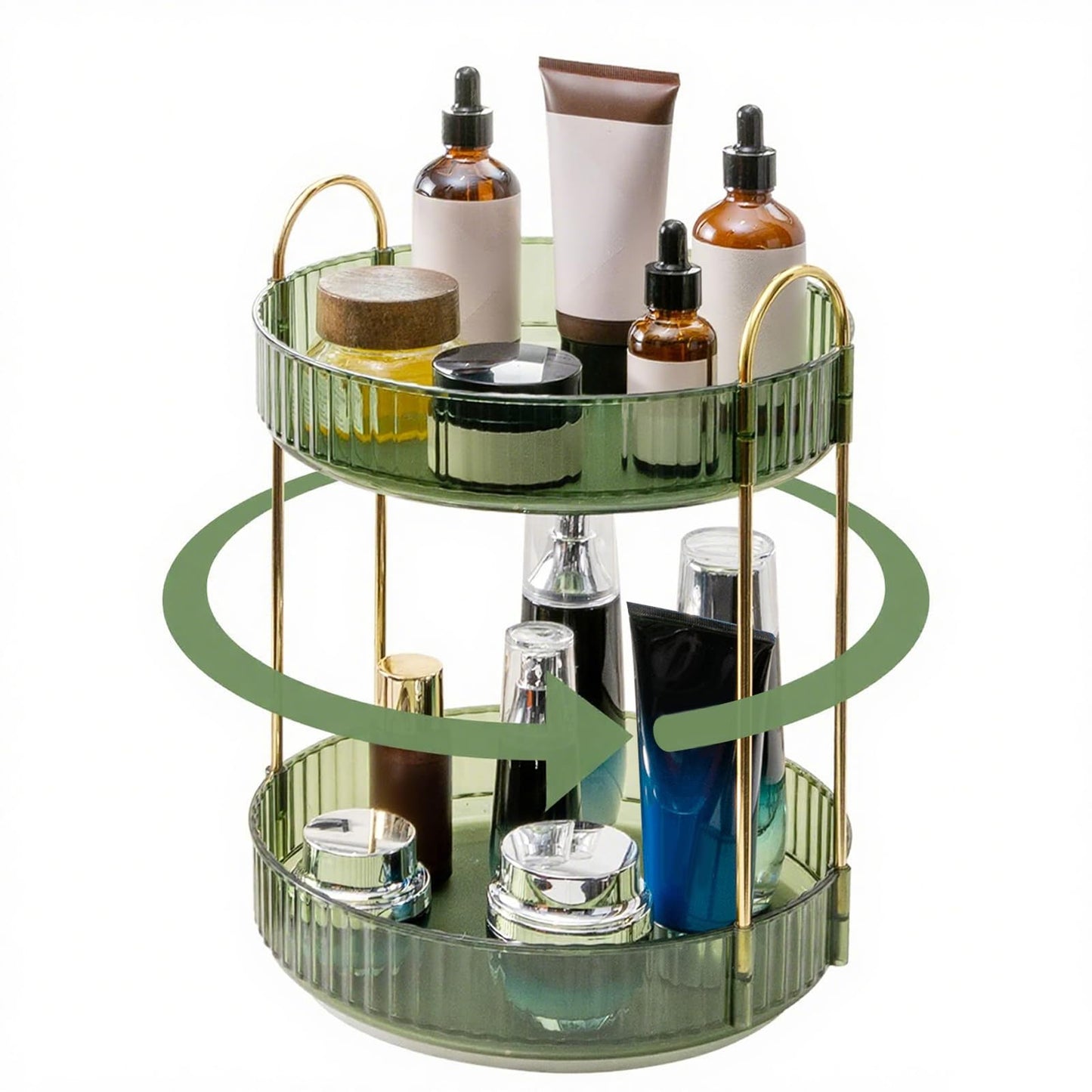 INVSSENE 360° Rotating Makeup Organizer, Bathroom Make Up Spinning Holder Rack, Large Capacity Cosmetics Storage Vanity Shelf Countertop, Fits Cosmetics, Perfume, Skincare, Lipsticks(2 Tiers, Green)