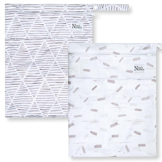 Nora's Nursery Wet Dry Bags with Two Zippered Pockets - Reusable and Washable Wet Bag for Swimming, Travel, Beach, Pool, Daycare, Cloth Diapers, Toiletries and Swimsuits - 11x15 - Boho - 2 Pack