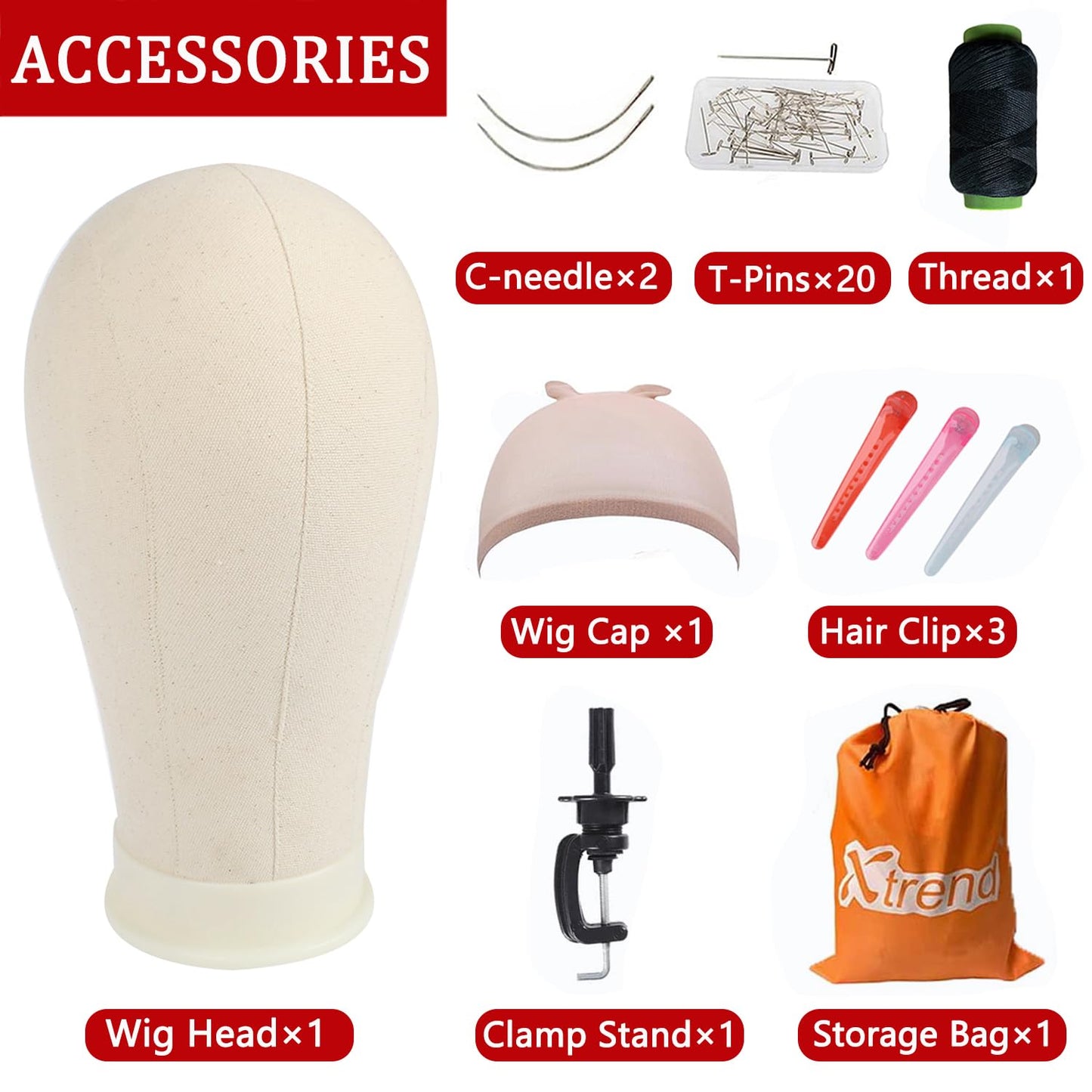 XTREND 21"-24'' Poly Canvas Block Head for Making Head Weft/Wig/Hair Extension Making Display Styling Mannequin Head with Stand Set Manikin Canvas Head Hair Accessories