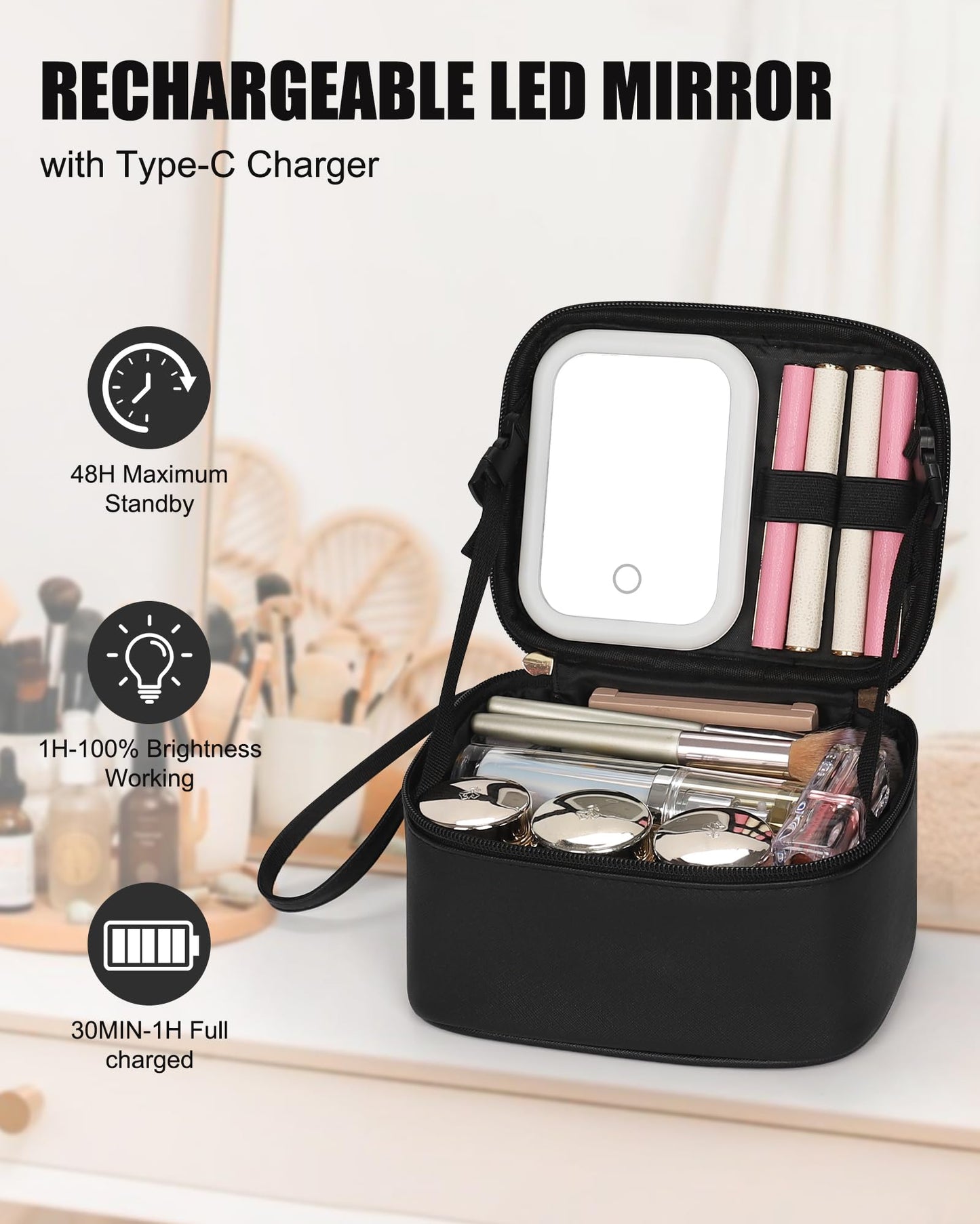 Relavel Small Makeup Bag with Led Mirror, Travel Cosmetic Case with 3 Light Modes and Adjustable Brightness, Foldable Makeup Pouch with Toiletries for Daily Use丨Work Touch-Ups丨Camping - Black