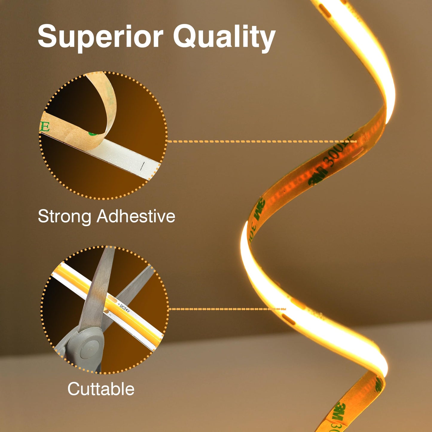 Pandery COB LED Strip Lights Warm White,24V Dimmable led Light Strip KIT with Remote and app Control,2700K 50FT/15m 8mm Wide Ra>90 Cuttable Flexible Strip Lights forBedroom,Wardrobe,Cabinet