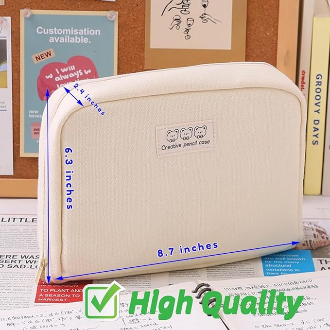 Pencil Case Pouch Box Cute Kawaii Large Capacity Aesthetic Zipper Pen Holder Organizer Bag for Office Workspace Supplies Desk Accessories Travel (Off-White)
