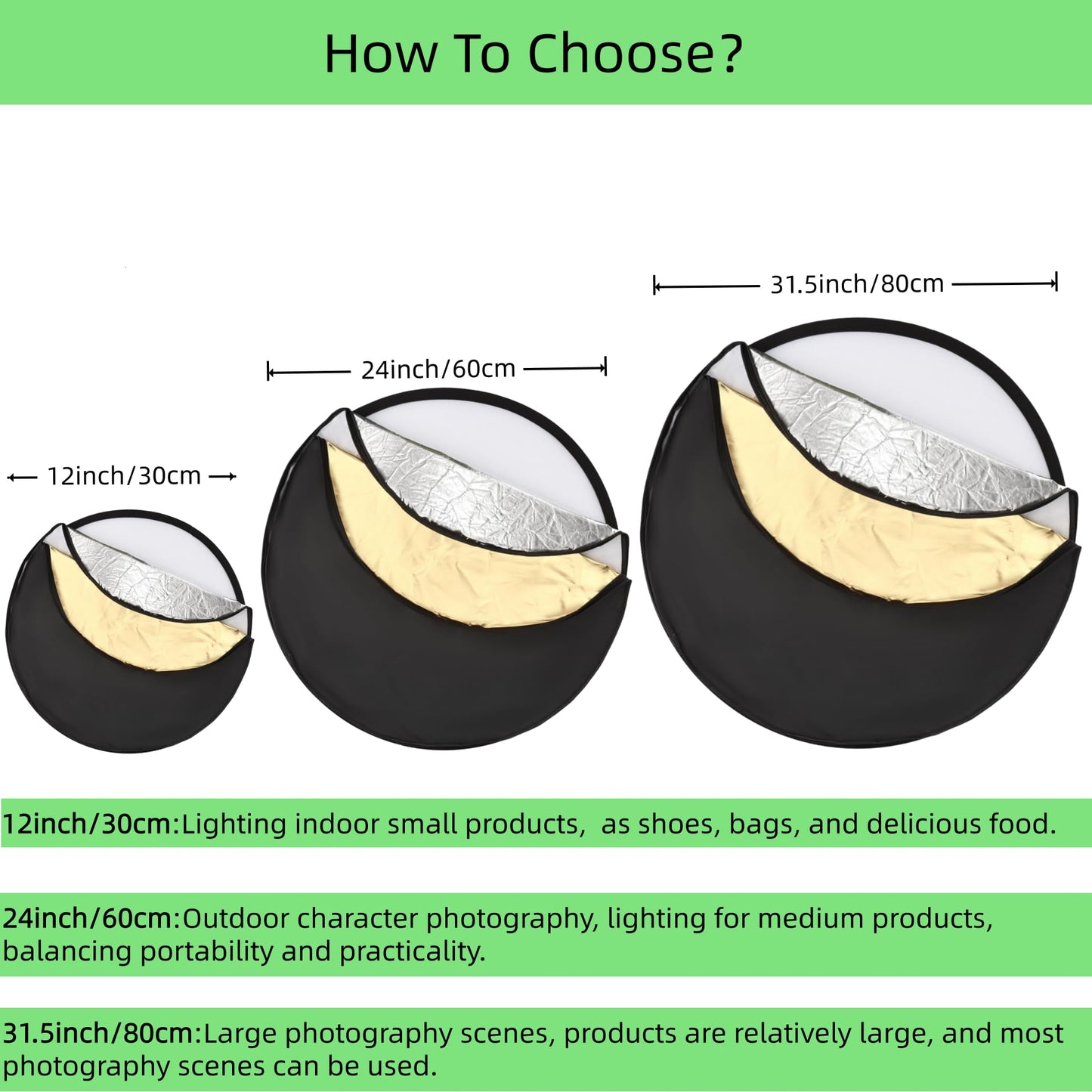 5-in-1 Photography Reflector 32"(80cm), Multi-Disc Collapsible Light Reflector with Bag - Super Portable for Studio/Macro Photography - Translucent, Silver, Gold, White and Black